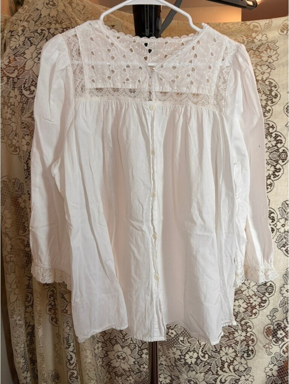 Vintage White Lace Yoke Cotton Blouse | Romantic Cottagecore Button Front Top